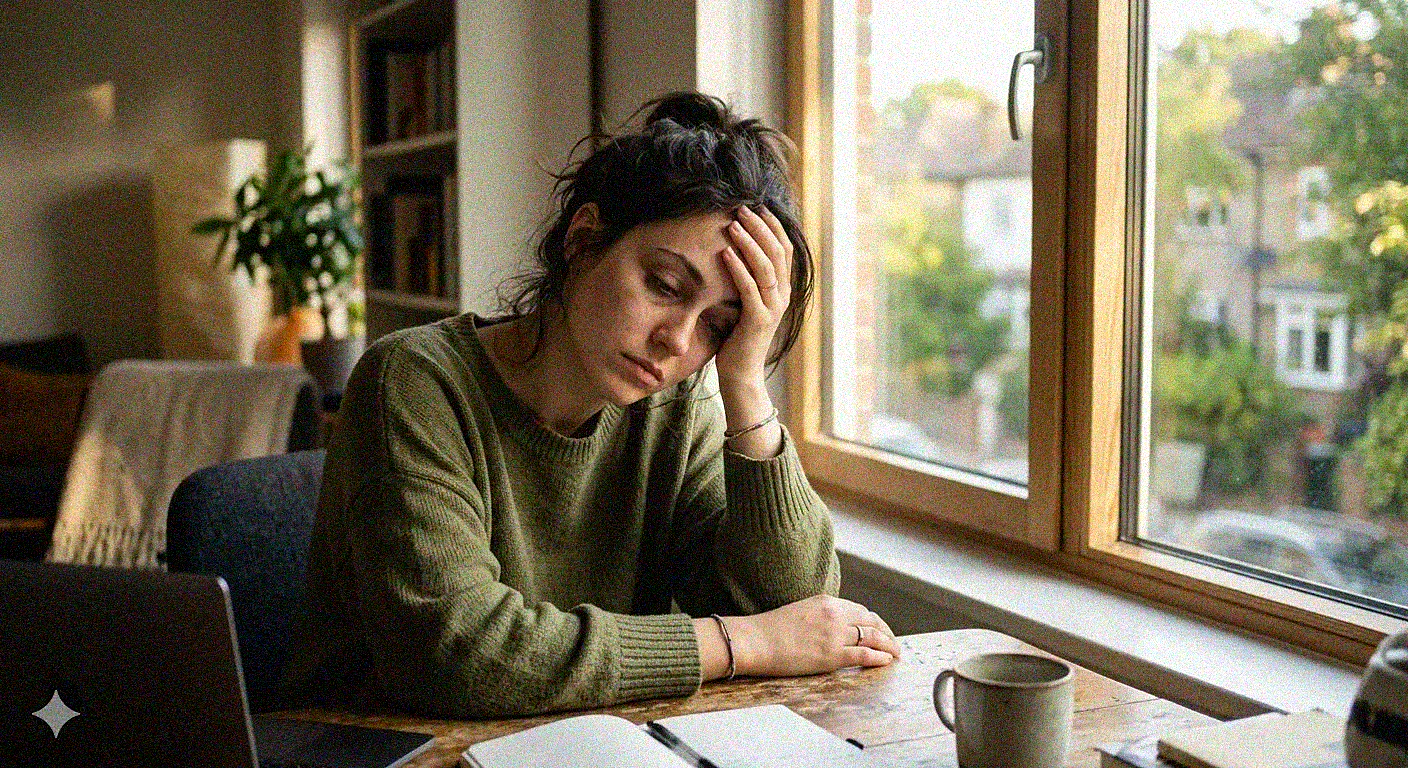 A tired person sitting at a sunlit kitchen window, struggling with mid-day energy crashes from blood sugar swings