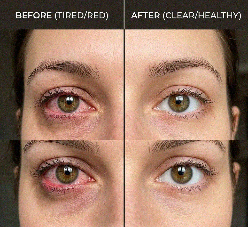 Side-by-side concept showing tired eyes versus refreshed, clear eyes after improved eye care habits
