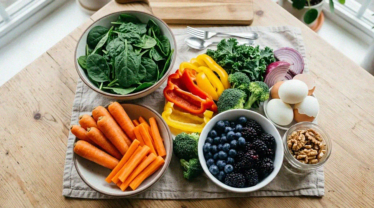 Healthy foods rich in lutein, zeaxanthin and vitamin A — leafy greens, carrots, eggs and berries