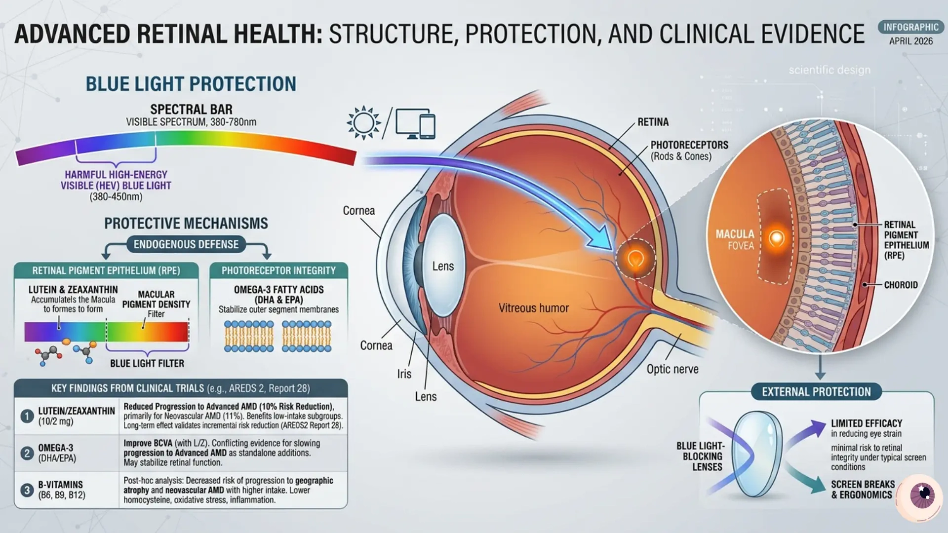 Stylized illustration of the human eye showing the retina and macula being protected from blue light