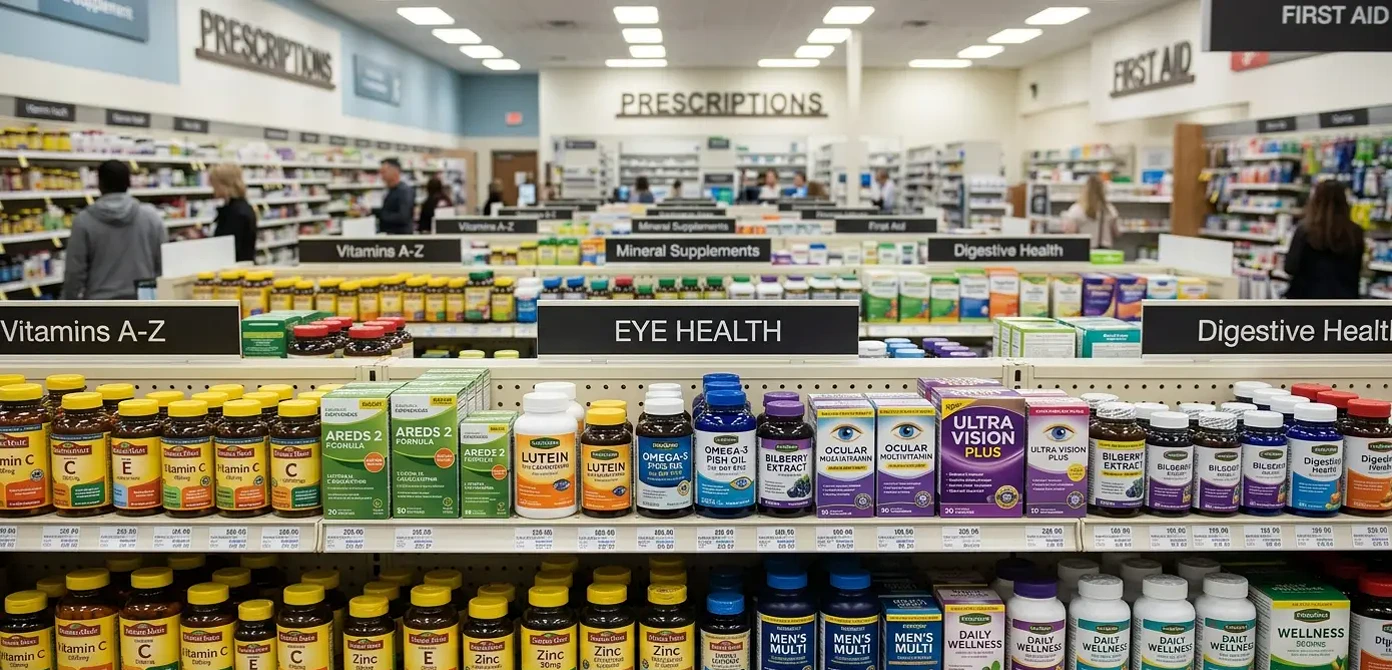 Pharmacy shelves stocked with various eye health supplements and vitamins