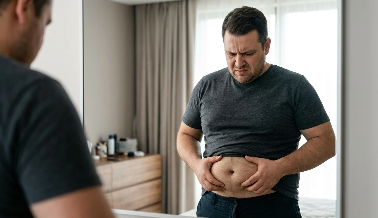 Fat Burn Active Bewertung – Person, die sich um Bauchfett und Abnehmen sorgt