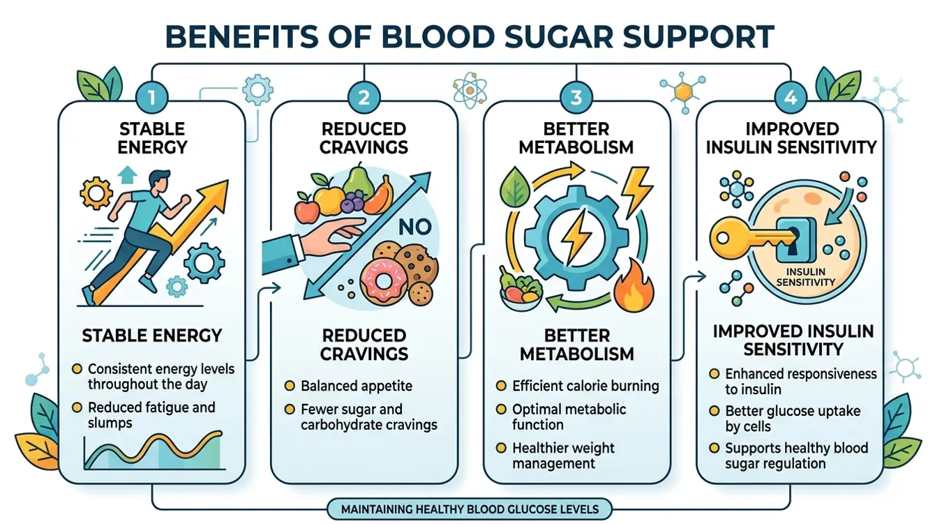 Infographic showing the 7 main benefits of Gluco Extend Blood Sugar Support
