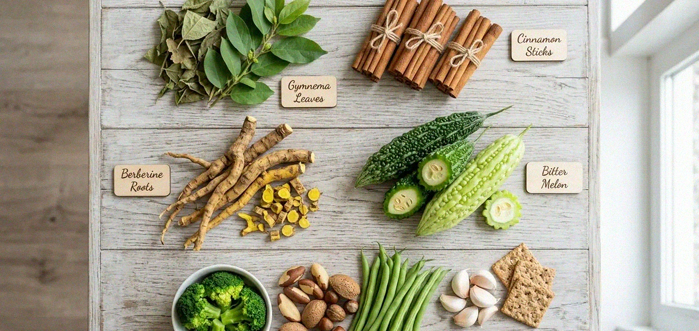 Natural ingredients used in Gluco Extend Blood Sugar Support including cinnamon, berberine and bitter melon