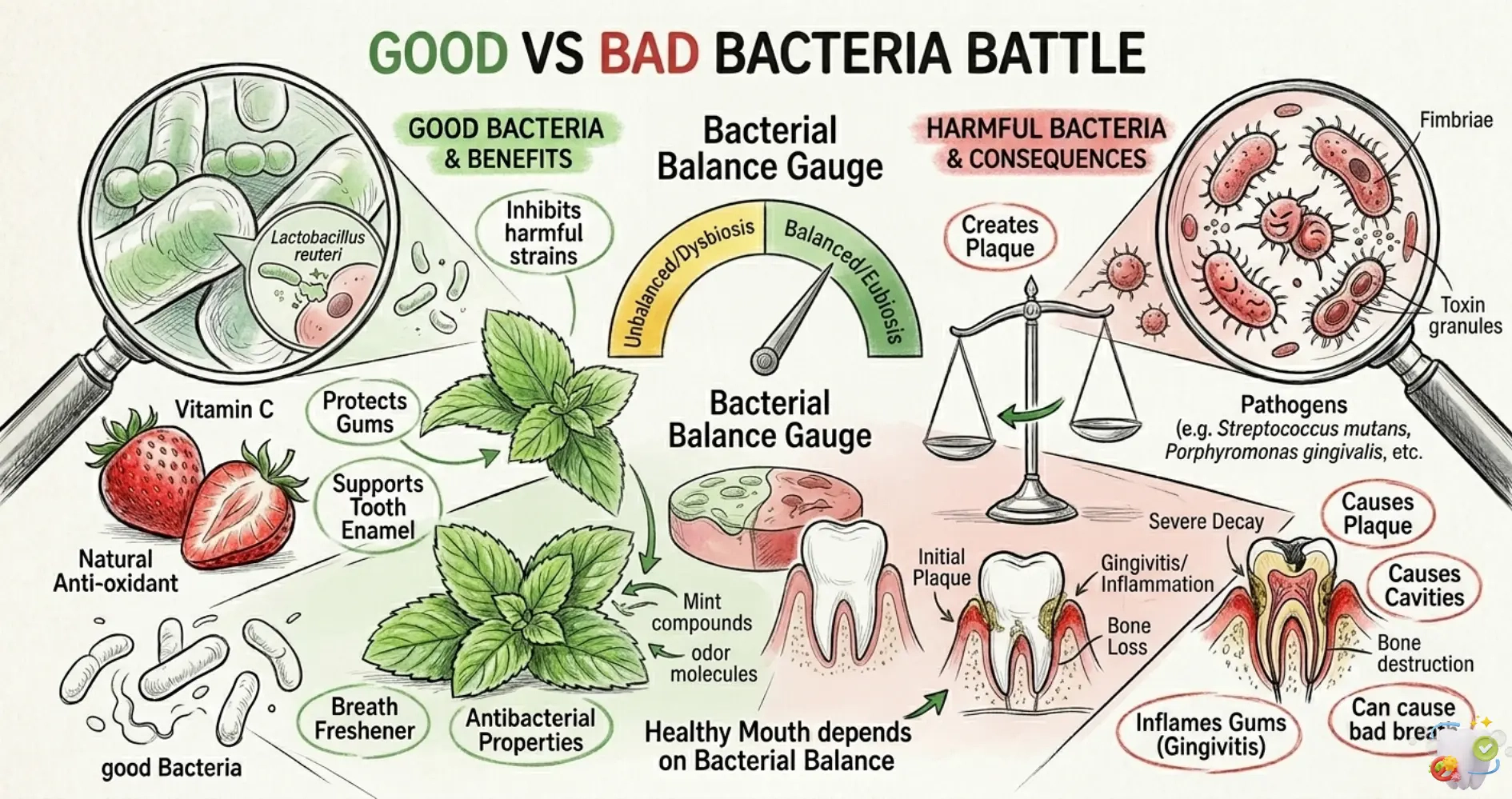 Diagram showing the balance between good and bad bacteria in the oral microbiome