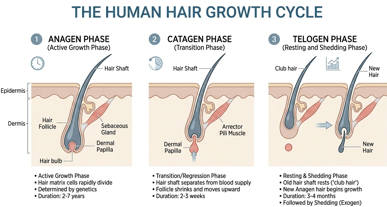 Hair growth cycle diagram showing anagen, catagen and telogen phases relevant to Locerin
