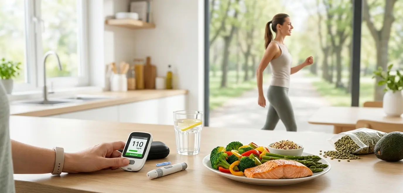 Healthy blood sugar concept showing balanced meals, glucose monitor and active lifestyle