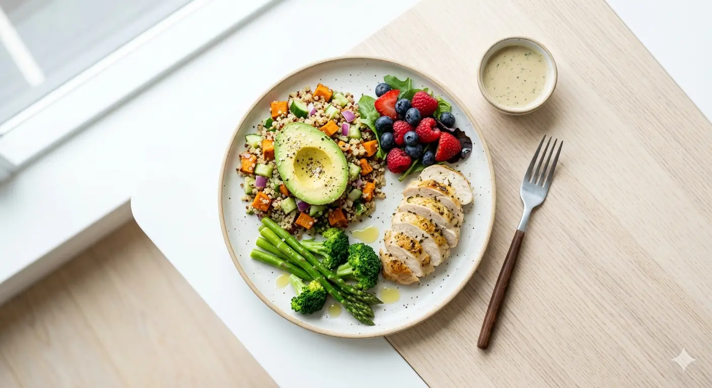 A balanced healthy plate with salmon, greens, avocado and berries supporting metabolic health