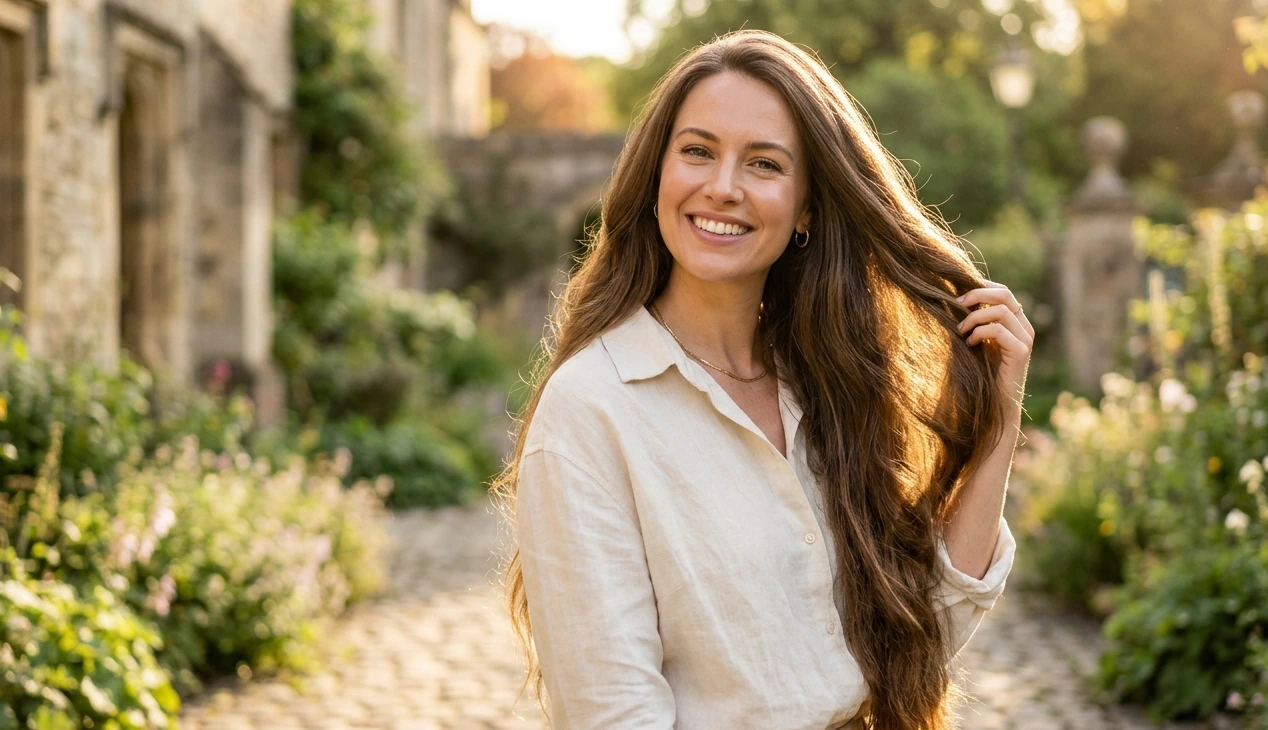 Confident woman with healthy long hair after using Locerin hair loss supplement