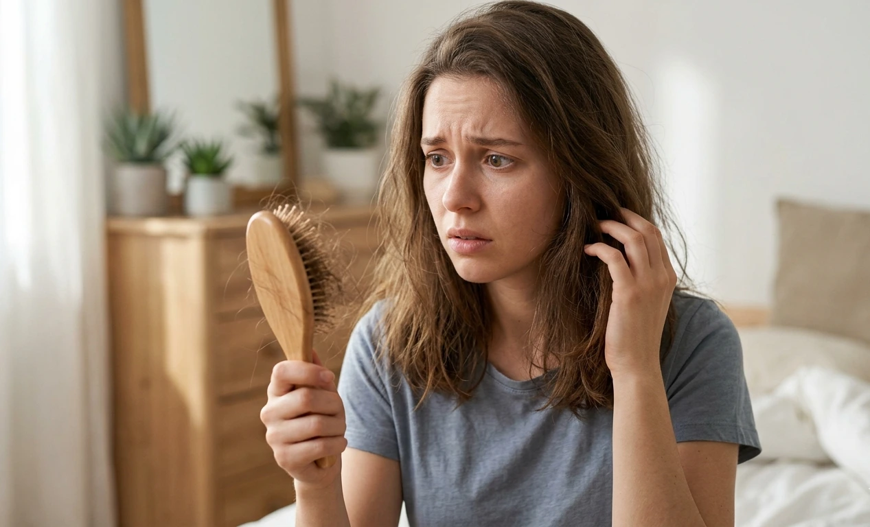 Stressed woman looking at lost hair on her brush during a hair loss episode
