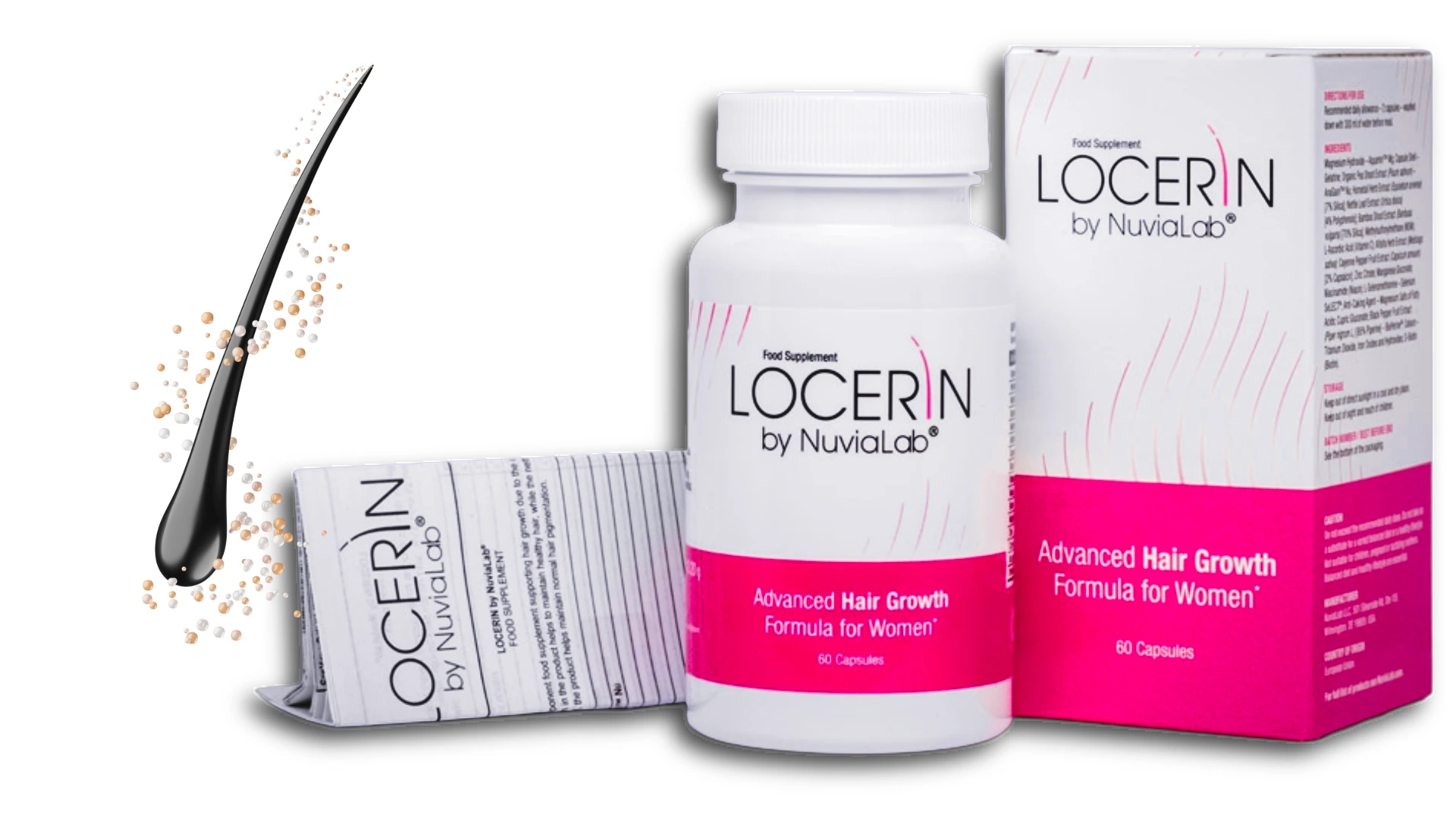 Locerin supplement bottle, a hair loss supplement for women