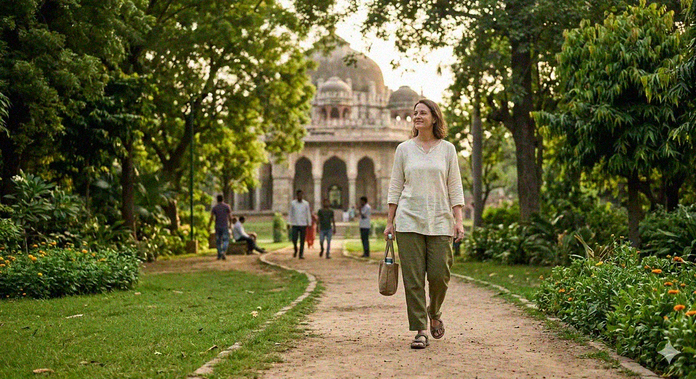 A woman taking a calm walk in a green park after a meal to stabilize blood sugar