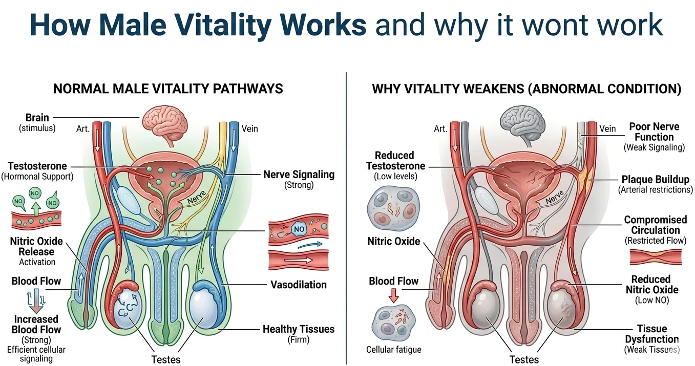 Diagram showing male hormones, testosterone and blood flow